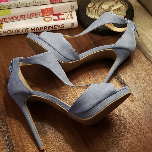 Lora Sueded Denim T-Strap Peep Toe Heels - Picture 3 of 9